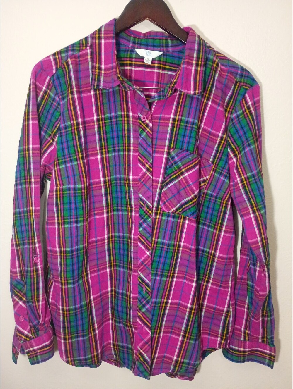 Time and Tru Women's XL Pink Plaid Button-Up Shirt